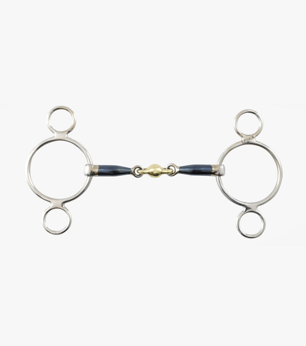 Blue Sweet Iron Two Ring Gag with Brass Alloy Lozenge